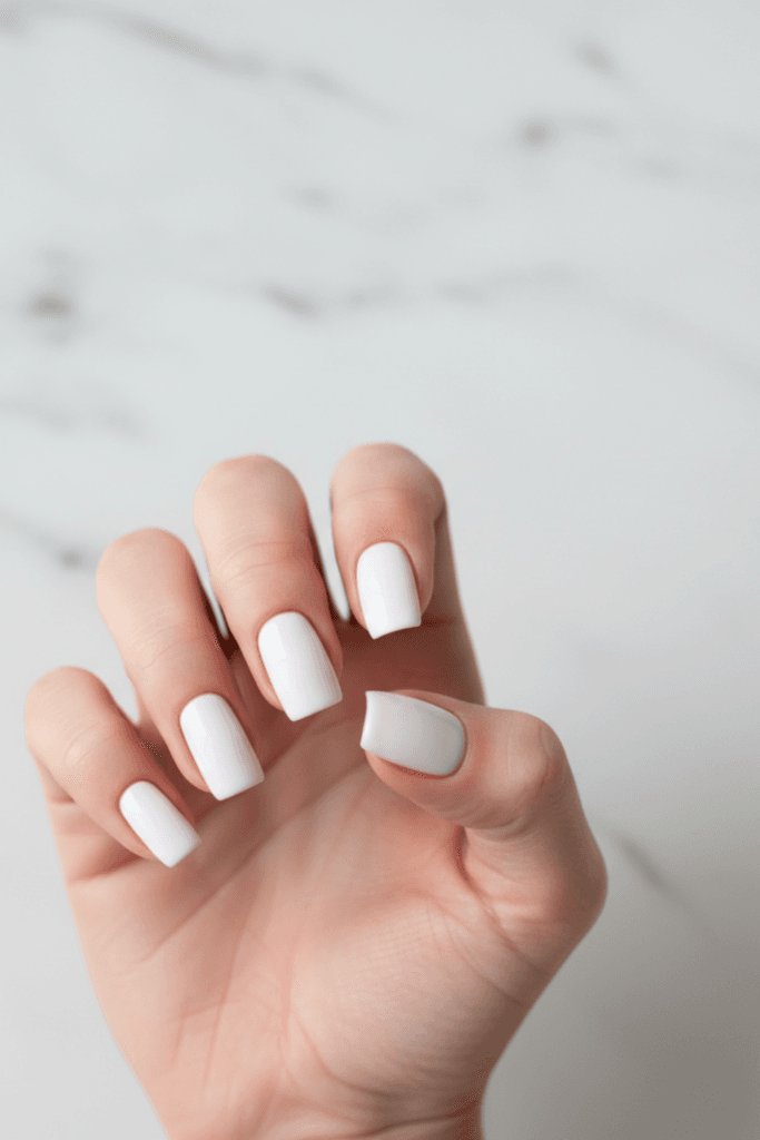 Manicured hand featuring five classic square-shaped nails with straight edges and sharp corners, painted in a glossy finish