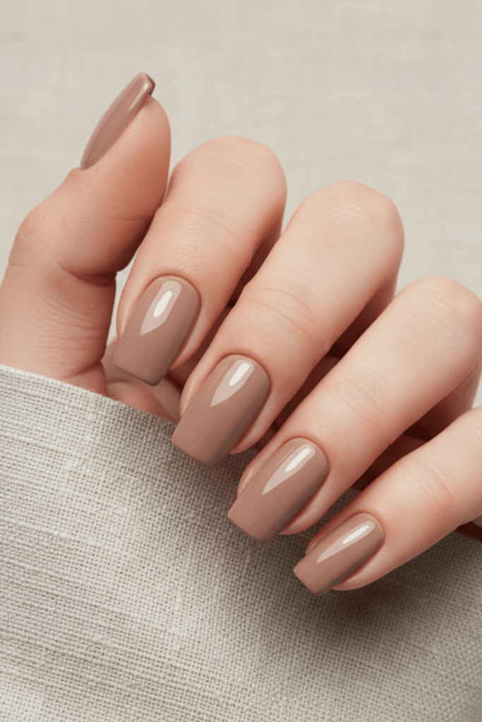 Squoval nail shape manicure in taupe nude best for all hand types and wide nail beds