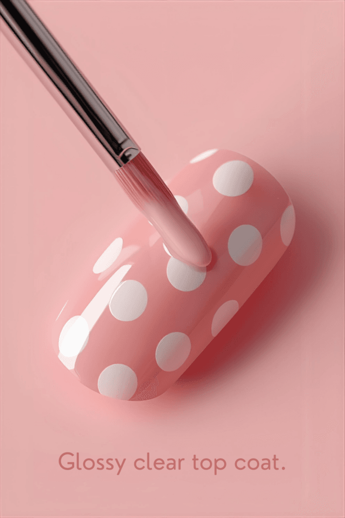 Close-up of a brush applying a clear glossy top coat over a pastel pink nail with white polka dot nail art