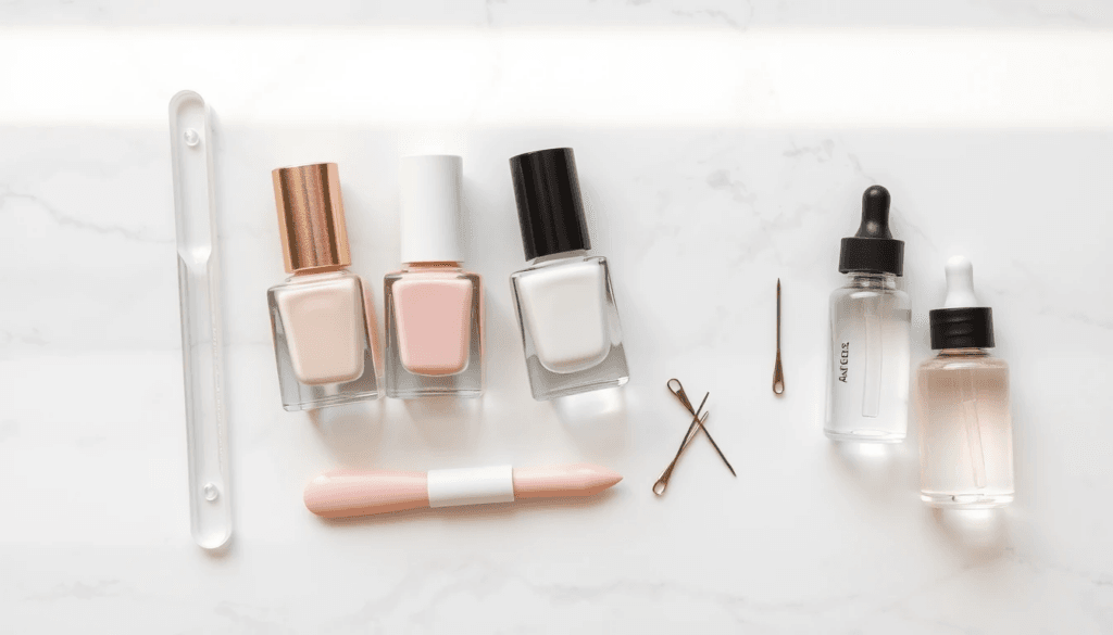 A flat-lay of essential tools for a DIY nail art manicure for beginners, including nail polish, files, and dotting tools on a marble surface.