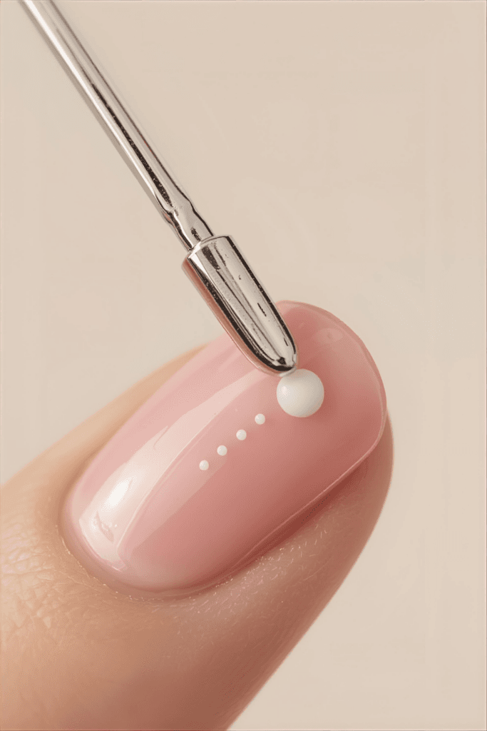 Using a bobby pin as a DIY dotting tool to create a simple white polka dot nail art design on pink nails