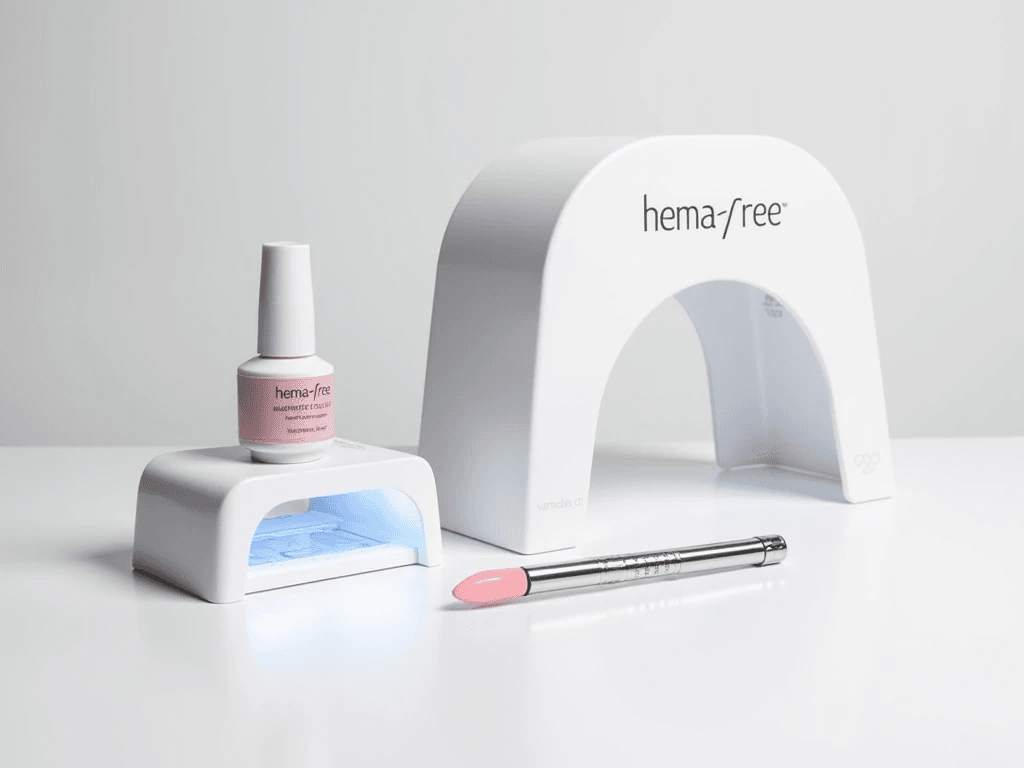 Hema-free magnetic gel polish, UV-LED lamp, and magnetic wand on a minimalist background