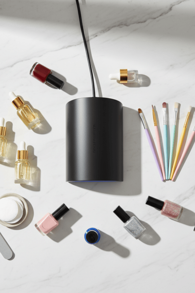 Flat lay of essential nail art tools for beginners, featuring a UV LED lamp, detailing brushes, and cuticle oil on a clean workspace