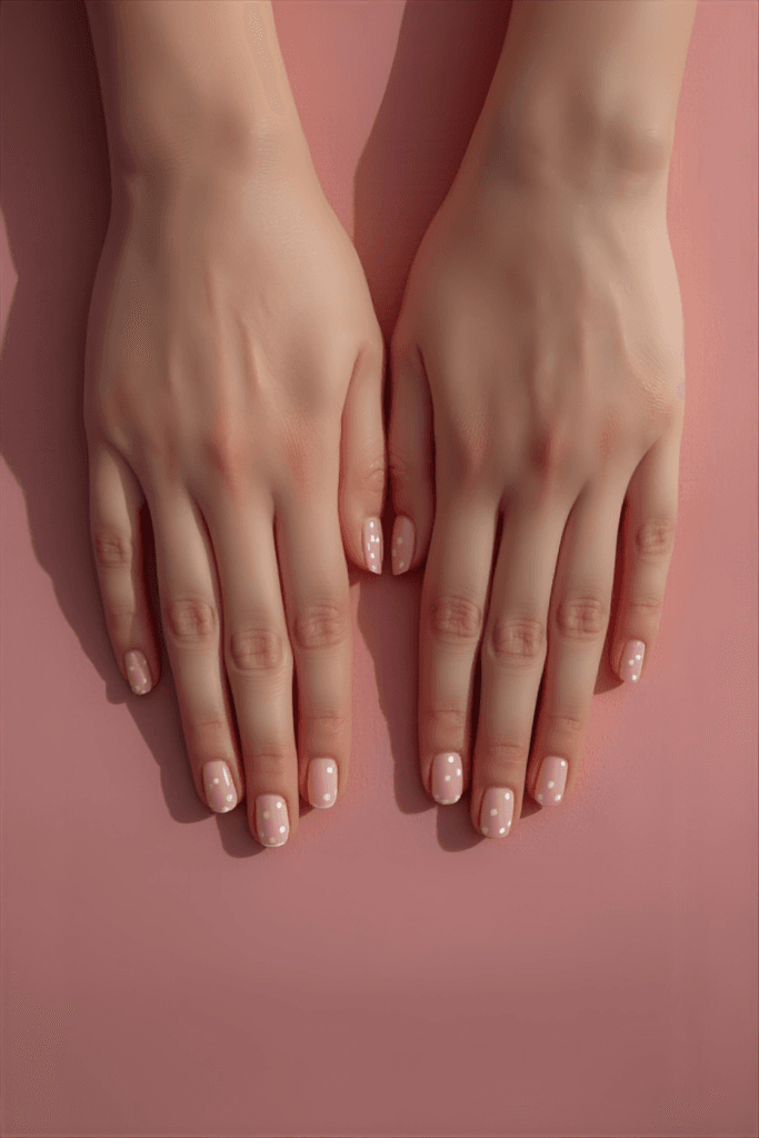 Beautifully finished DIY nail art manicure featuring soft pink nails with white polka dots resting on a white marble background