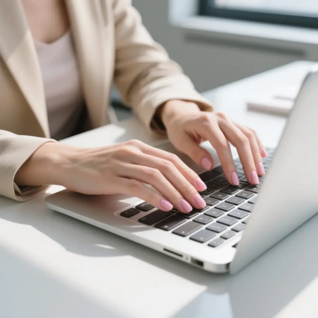 Professional woman typing on laptop with minimalist soap nail manicure