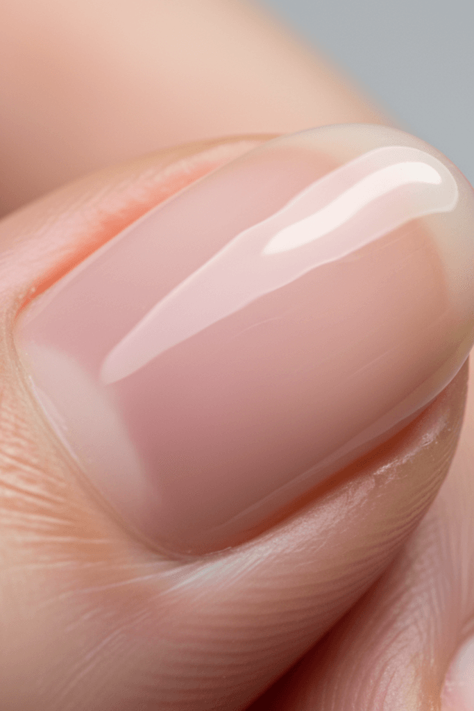 Extreme macro close-up of a perfectly filed oval nail shape featuring sheer milky pink polish, highlighting the smooth rounded tip and healthy, hydrated cuticles.