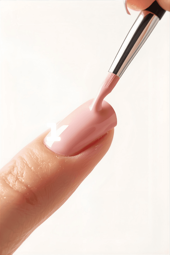 Applying soft pastel pink nail polish evenly down the center of a fingernail for a beautiful DIY manicure