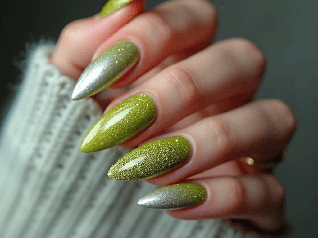 Close-up of almond-shaped velvet cat eye nails with lucid lime and molten mercury shimmer