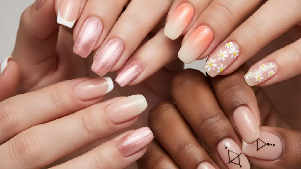 Collage of 5 easy nail art designs for beginners in 2026, featuring micro French tips, pink velvet cat-eye, ombre gradient, and minimalist geometric nails