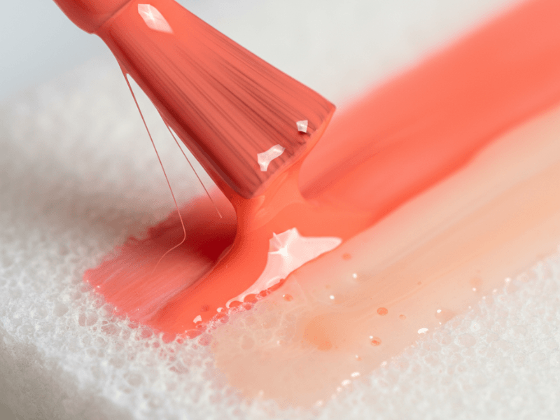 Close up of applying coral and peach gel polish to a makeup sponge