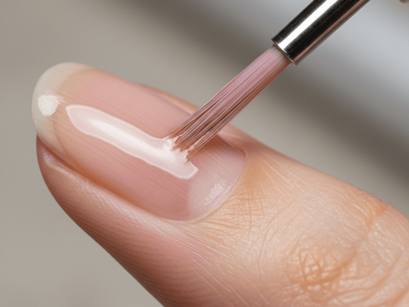 Applying sheer nude gel base coat for a French manicure