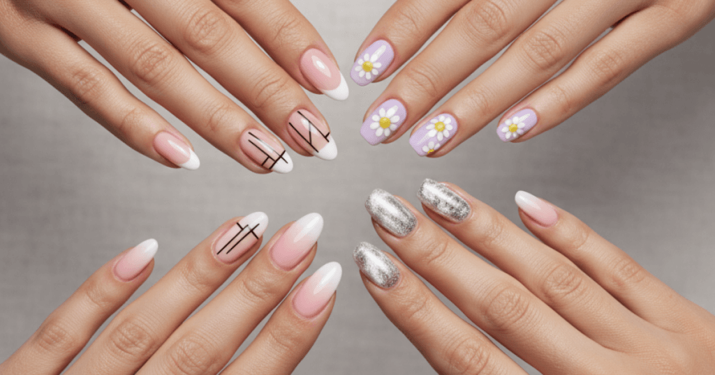 Collage of 5 easy nail art designs for beginners including French tips, ombre, and cat eye.