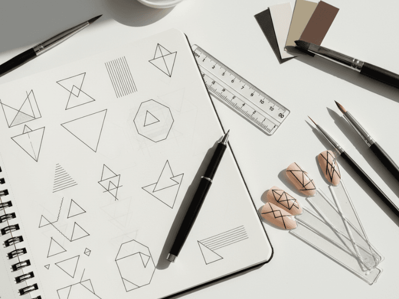 Minimalist geometric nail art patterns and planning sketch