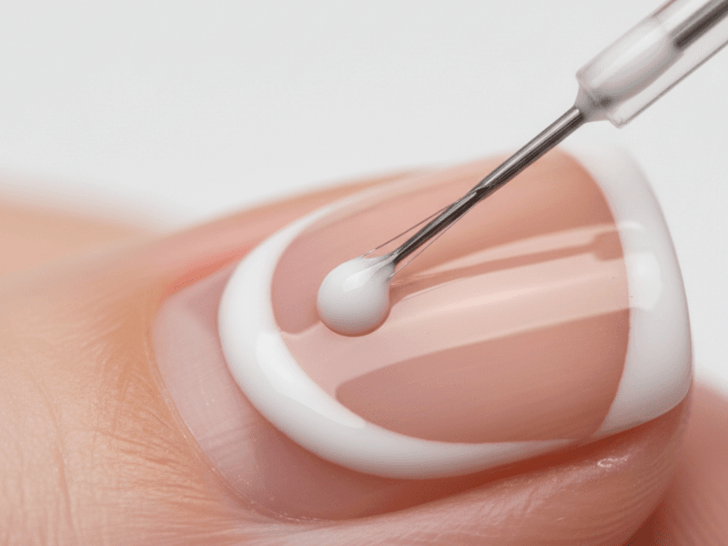 Painting a thin white French tip line using a fine liner brush.