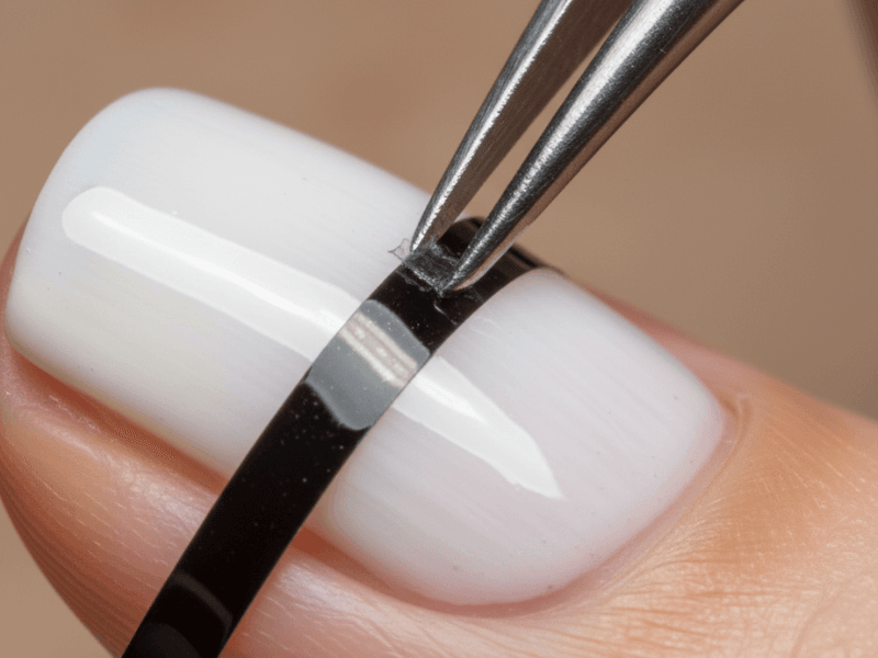 Applying black striping tape to create straight lines on nails