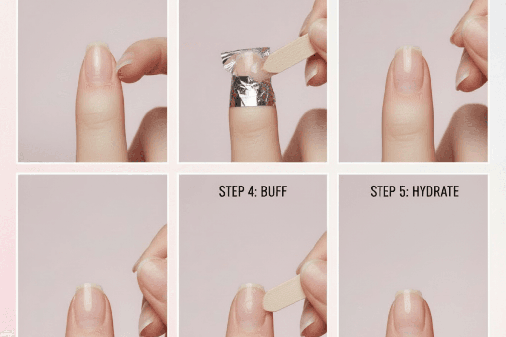 Five-step infographic guide showing how to safely remove polygel nails at home without a drill: File, Soak, Scrape, Buff, and Hydrate