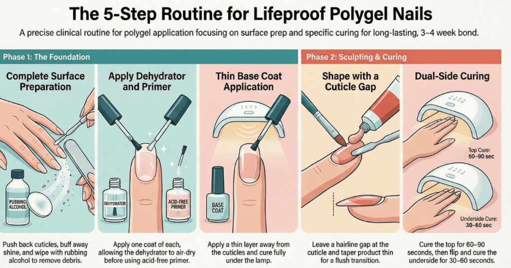 A step-by-step collage guide showing proper polygel application: nail prep, primer, base coat, forming the nail with a gap, and correctly curing both sides to prevent lifting.