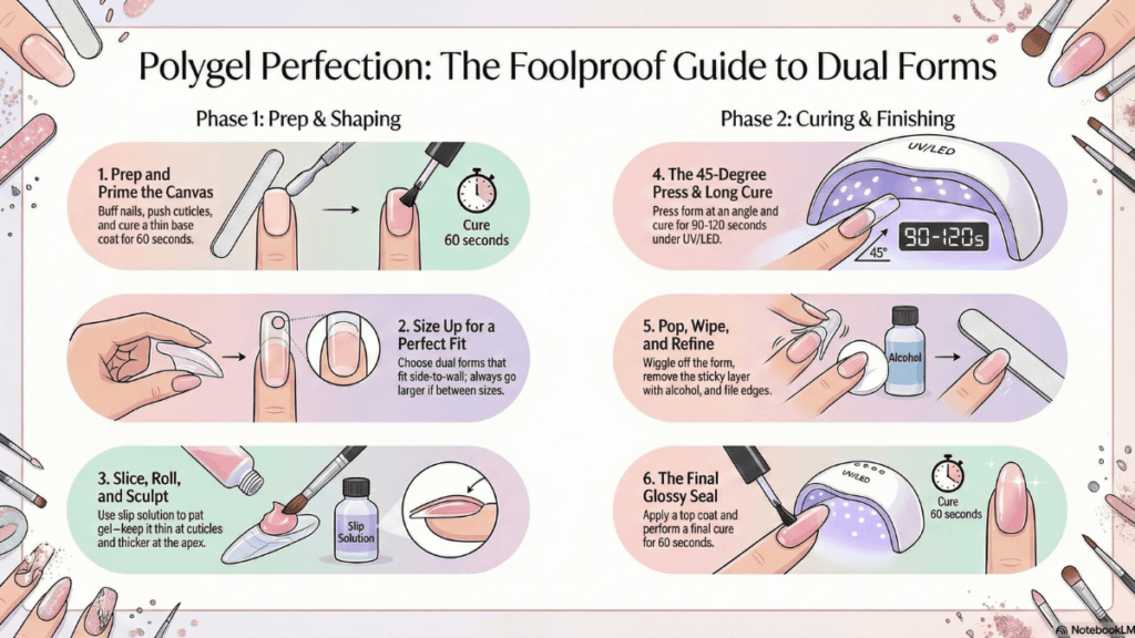 Close-up of using brush and spatula to shape Modelones polygel inside a curved dual form