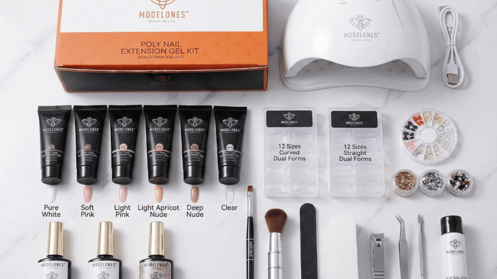 Flat lay showing Modelones polygel kit contents: 48W lamp, 6 gels, dual forms, charms, and tools