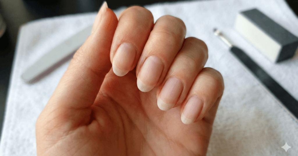 Natural nails fully prepped with cuticles pushed back and nail plate buffed matte for polygel.