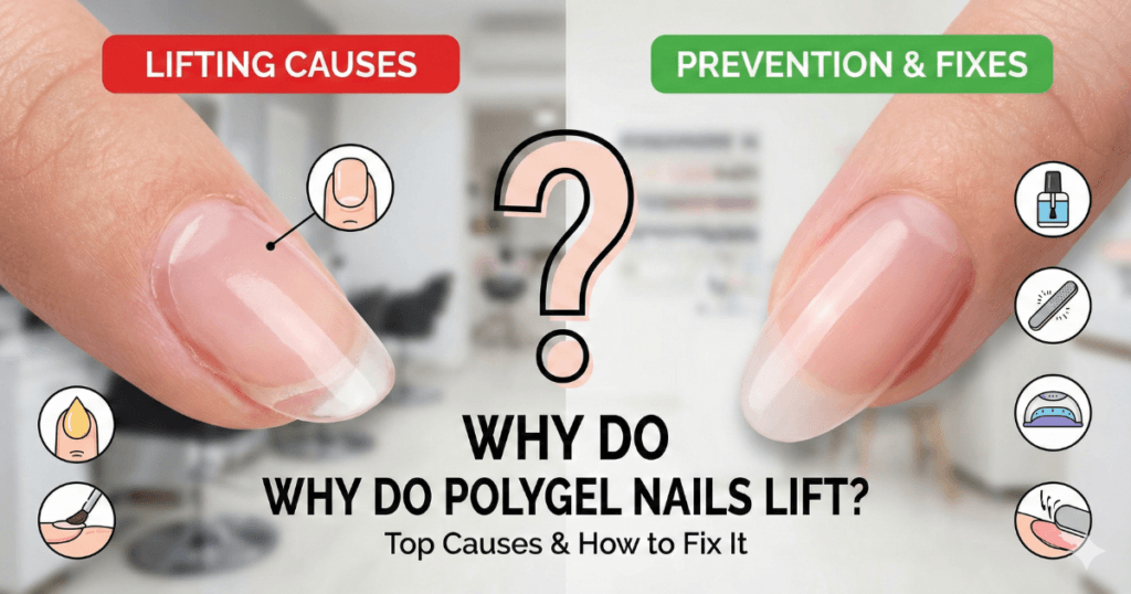 A split screen comparing a lifting polygel nail with common causes on the left, and a perfectly applied long-lasting polygel nail with prevention tips on the right, titled Why Do Polygel Nails Lift.
