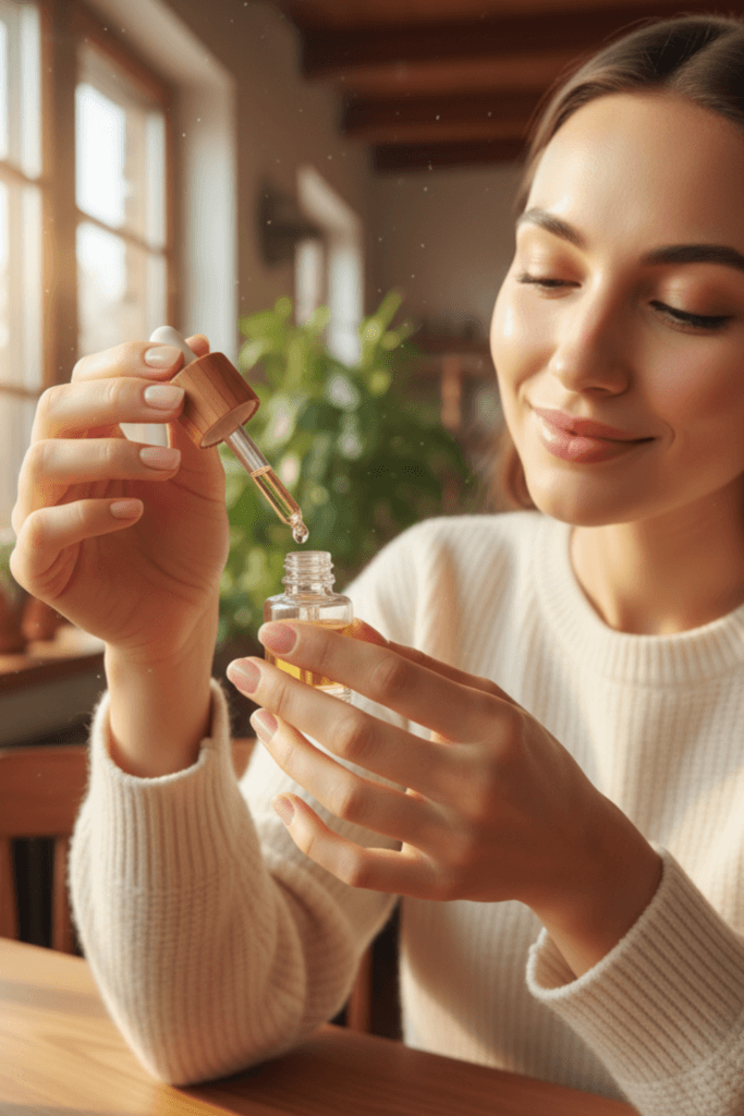 Woman maintaining healthy natural nails with cuticle oil - BlueBeek nail care routine