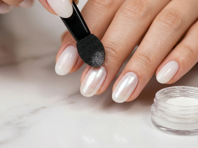 applying pearl chrome powder for glazed donut nails at home using eyeshadow sponge