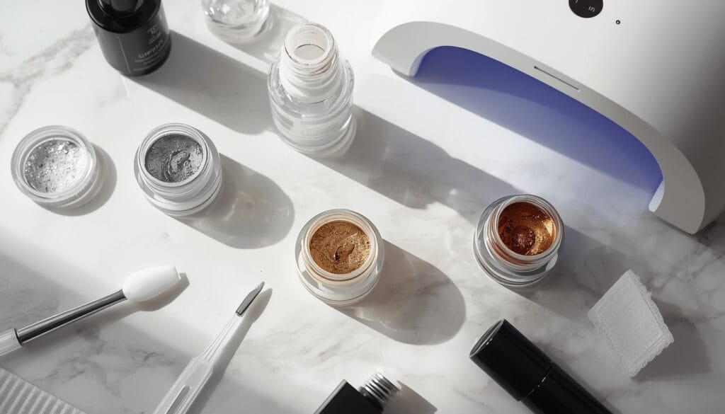 chrome powder nails at home tools and supplies flat lay