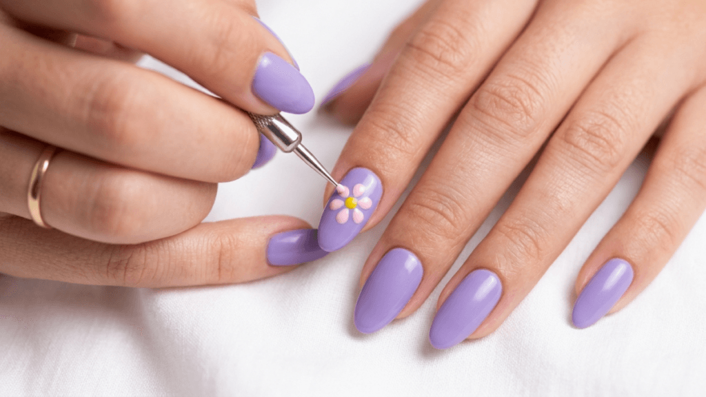 dotting tool nail art for beginners five dot flower on lavender base