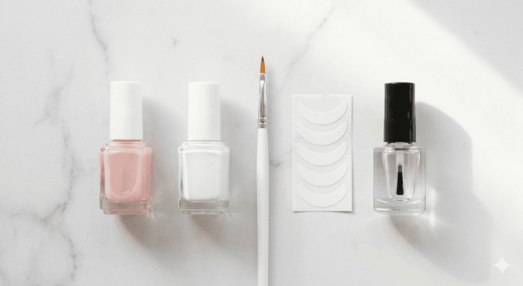 A flat lay of French manicure supplies including sheer pink polish, white polish, a clear top coat, a cleanup brush, and nail guide stickers on a white marble background.