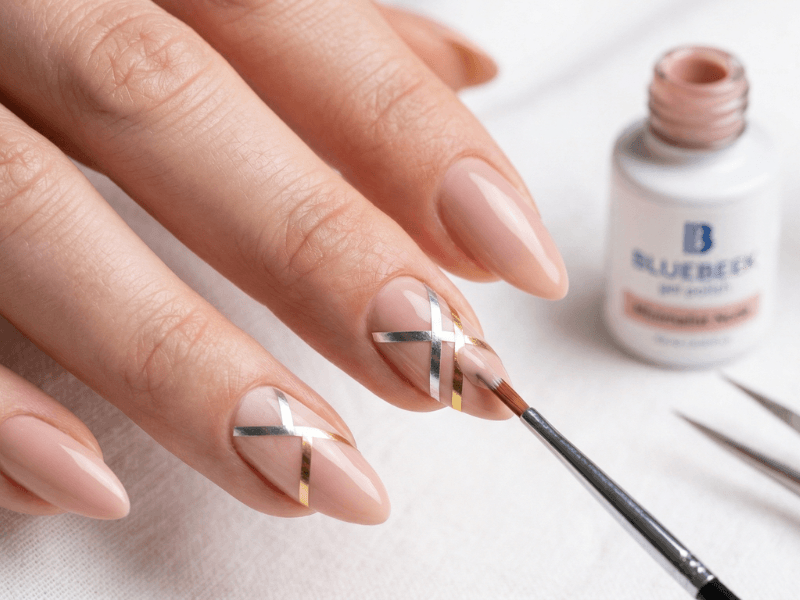 applying nail art tape for negative space nail designs at home