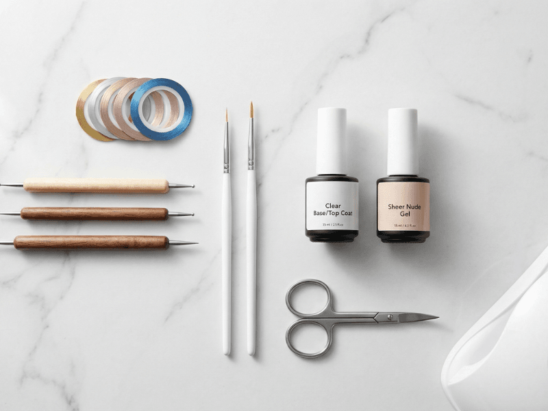 negative space nail art for beginners tools and supplies flat lay